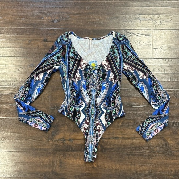 Free People A Place Bodysuit Long Sleeve in Blue Combo Size XS Women - Picture 2 of 8
